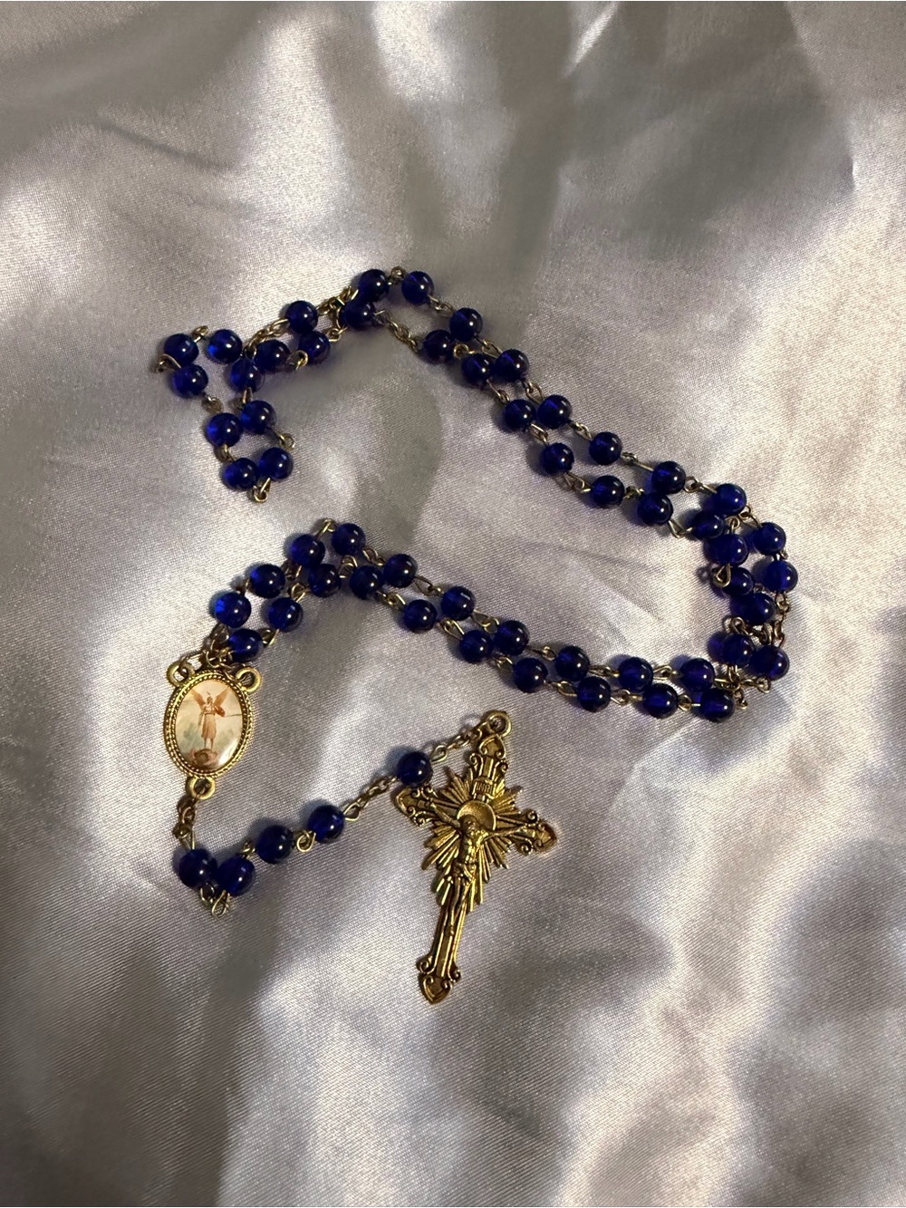 Vintage Rosary Catholic St Michael The Archangel Blue Glass Beads
